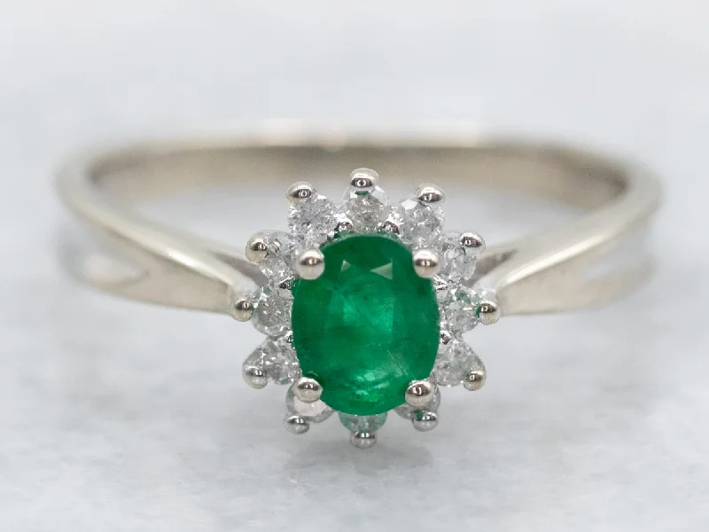 Custom diamond rings for women -Modern Emerald and Diamond Halo Ring