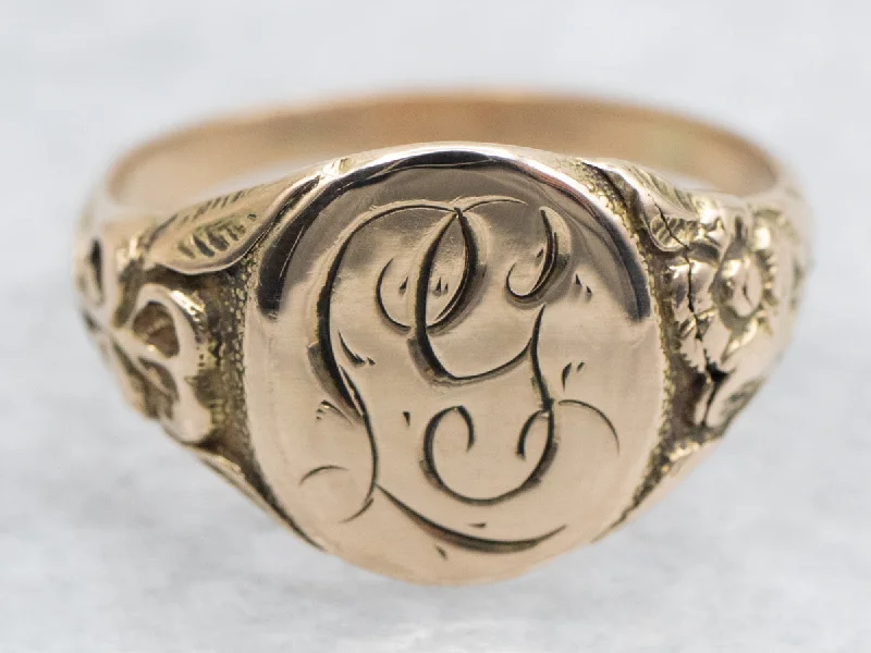 Trendy rings for women -Yellow Gold "LG" Engraved Oval Signet Ring