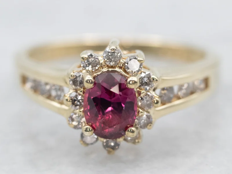 Wedding rings with sapphires for women -Ruby and Diamond Halo Anniversary Ring