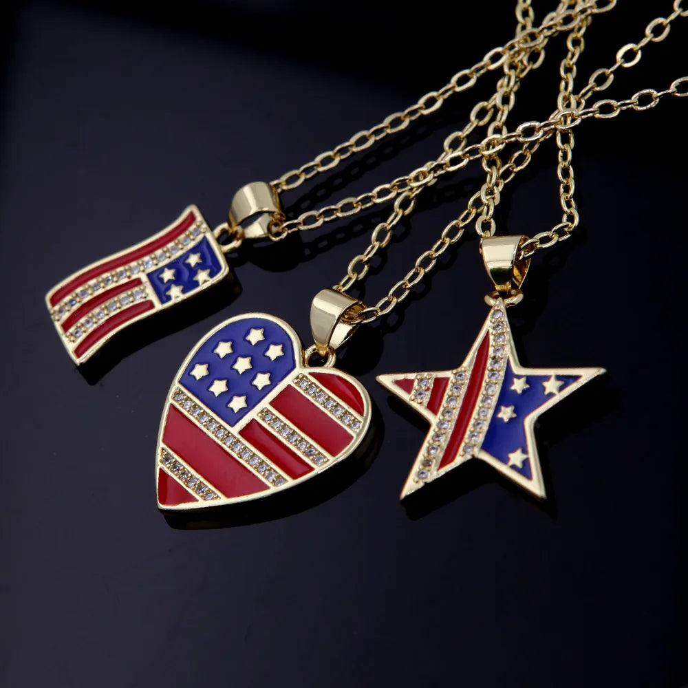 Long gold necklaces for women -Copper 18K Gold Plated Simple Style Classic Style Plating Inlay National Flag Star Heart Shape Zircon Pendant Necklace