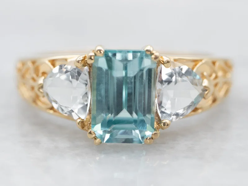 Art deco rings for women -Yellow Gold Blue Zircon Ring with Aquamarine Accents