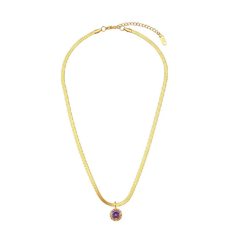 Human shaped fishbone chain round zircon pendant necklace - purple