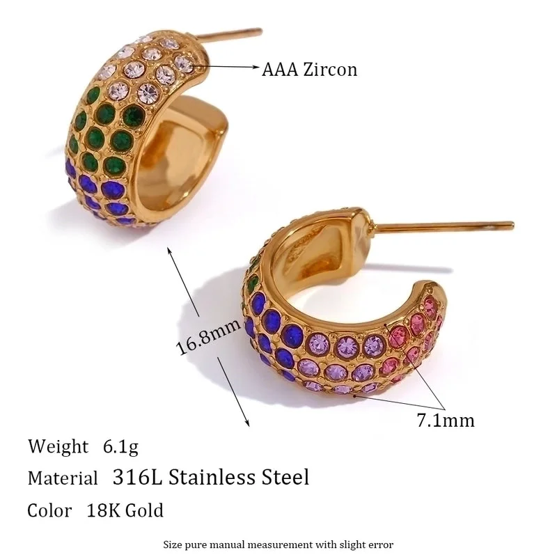 Full Diamond C- Shaped Bread Small Ear Ring-Gold-Colorful crystals