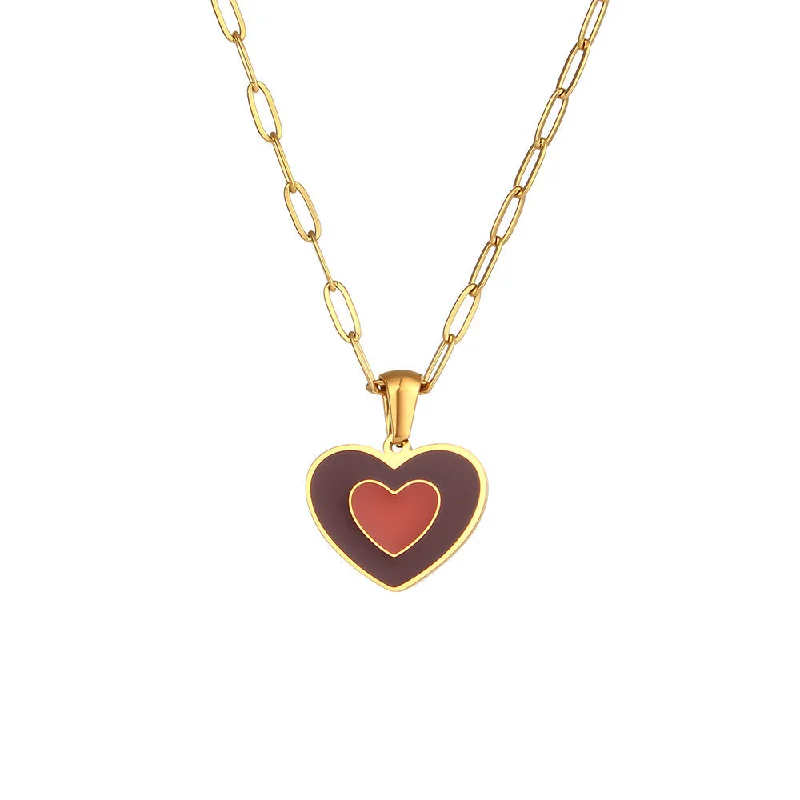 Double layered oil dripping love pendant necklace - wine red