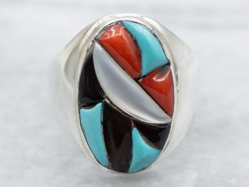 Ruby rings for women -Zuni Turquoise, Mother of Pearl, and Coral Intarsia Ring