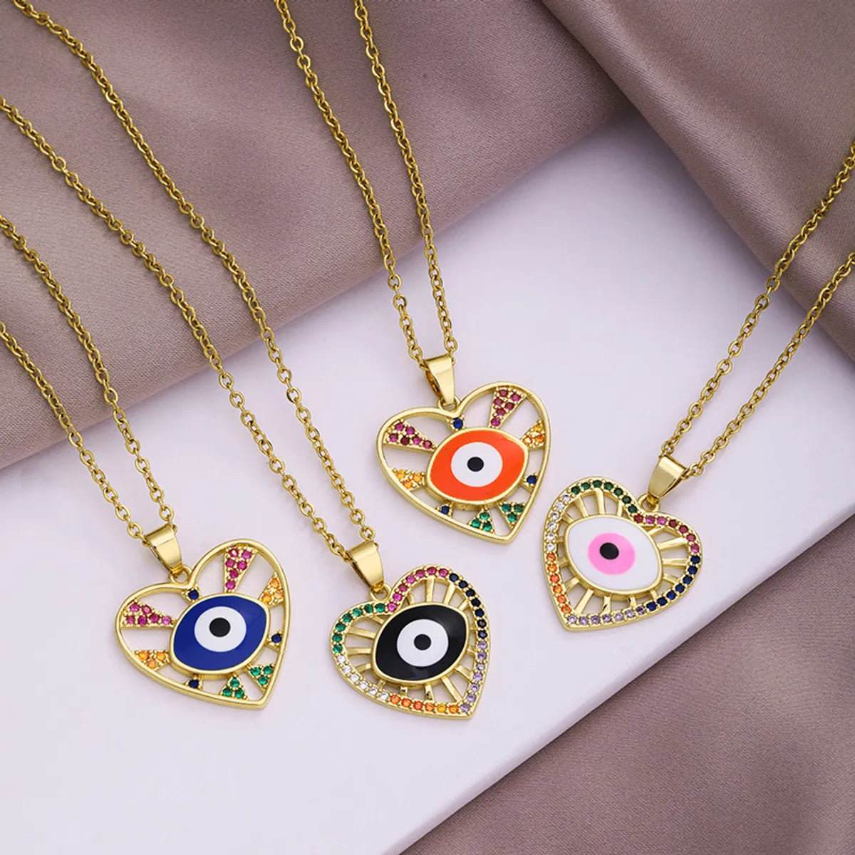 Fashion necklaces for women -Fashion Evil Eye Copper Inlaid Zircon  Drop Oil Heart-shaped Pendant Stainless Steel Necklace