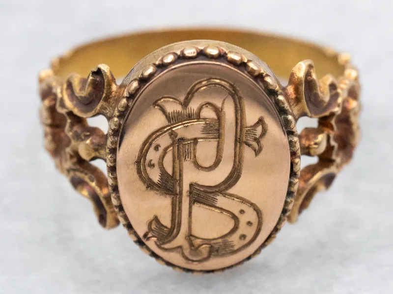 Round-cut rings for women -800 Gold "PS" Engraved Signet Ring with Ornate Shoulders