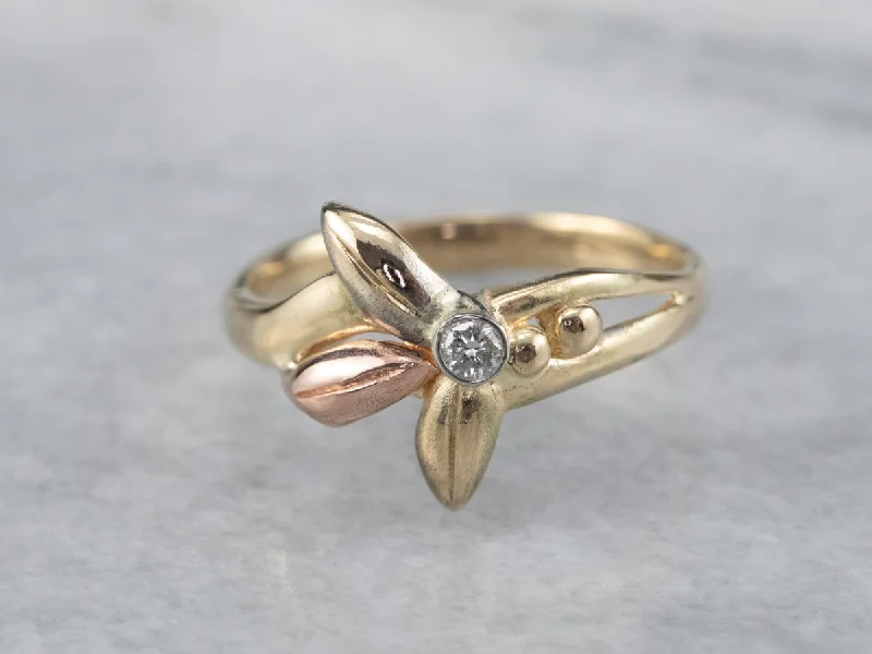 Custom rings for women -Tri-Color Gold Diamond Flower Ring