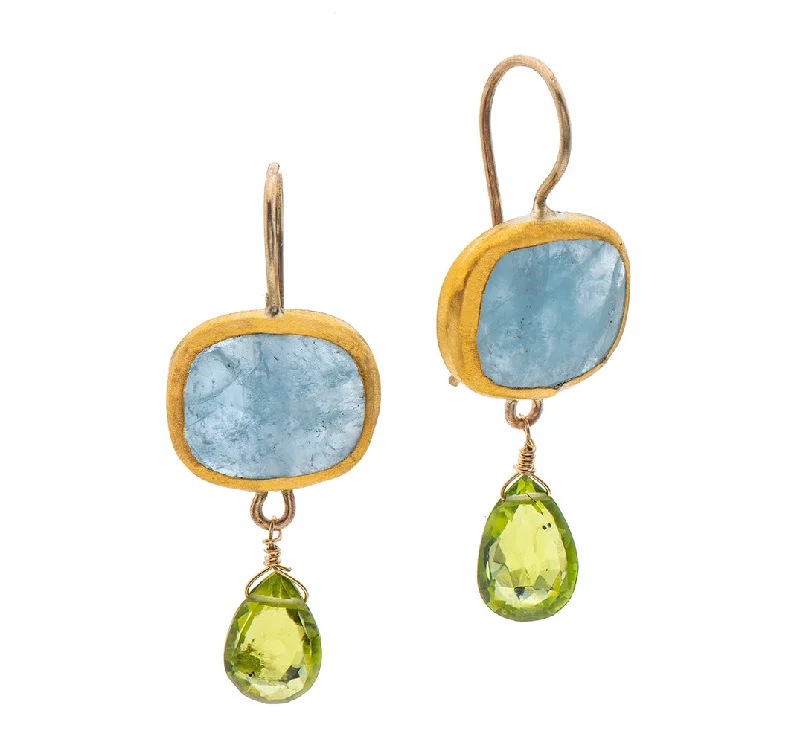 Twisted earrings for women -Nava Zahavi Yellow Gold Aquamarine Earrings and Peridot Drop