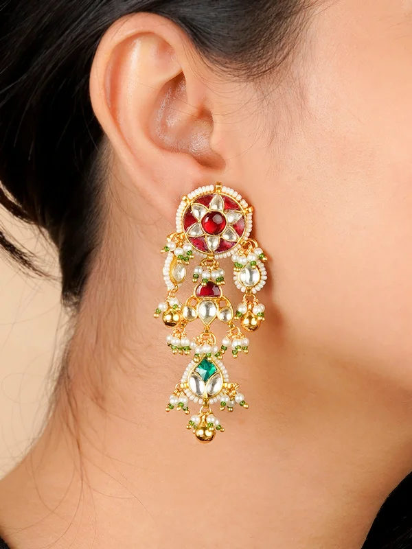 Multi-layered earrings for women -Red Color Gold Plated Jadau Kundan Earrings - ME1097YR