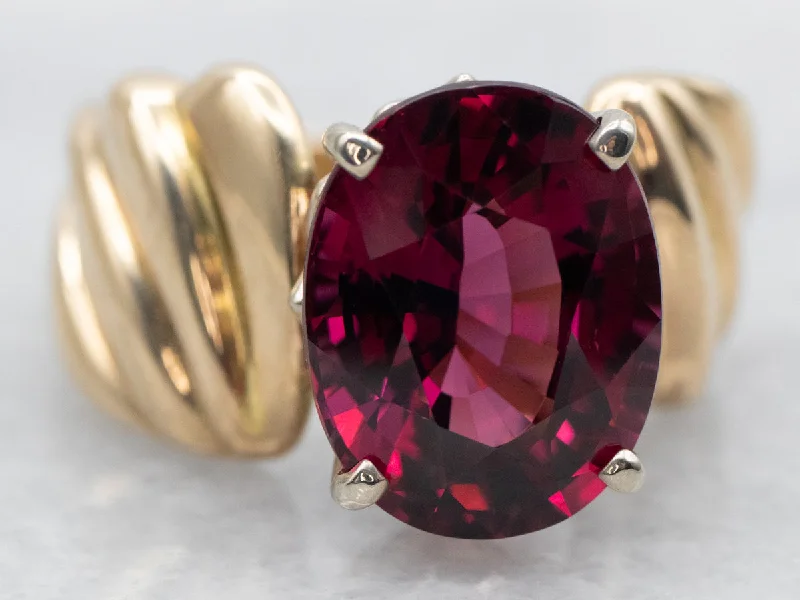 Diamond engagement rings for women -Yellow Gold Oval Cut Rhodolite Garnet Solitaire Ring with Twist Shoulders