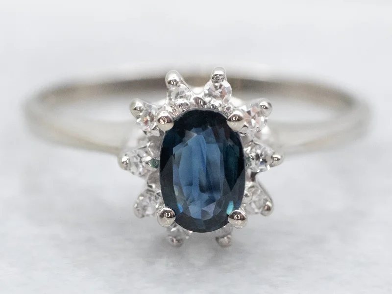 Birthstone rings with diamonds for women -Modern White Gold Sapphire and Diamond Halo Ring