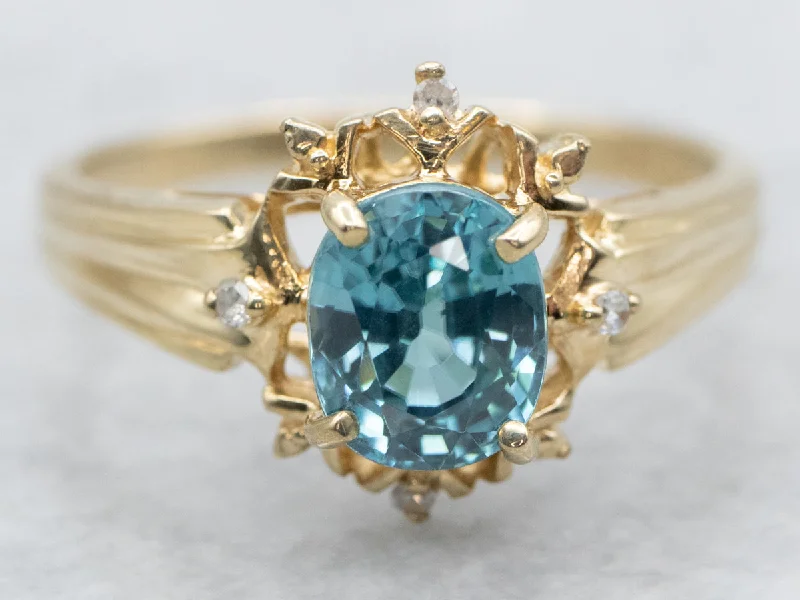 Adjustable gemstone rings for women -Vintage Blue Zircon Diamond Halo Ring