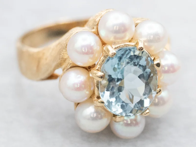 Promise rings for women -Stunning Aquamarine and Saltwater Pearl Halo Ring