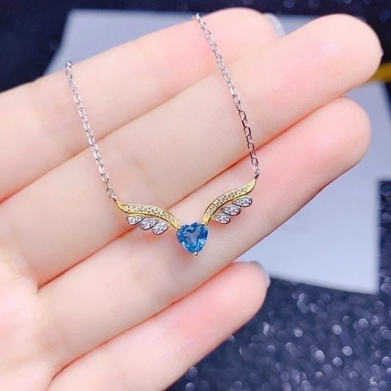 Beaded necklaces for women -New Angel Wing Necklace Heart-shaped Blue Topaz Color Ring Pendant Copper Set