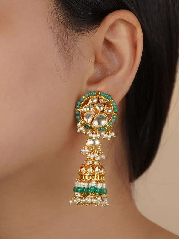 Double hoop earrings for women -Green Color Gold Plated Jadau Kundan Earrings - ME1021Y