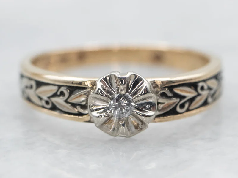 Platinum rings for women -Two Tone Diamond Flower Ring with Etched Shoulders