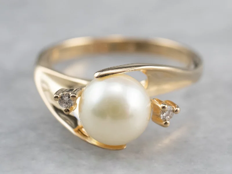 Colored gemstone rings for women -Pearl and Diamond Bypass Ring