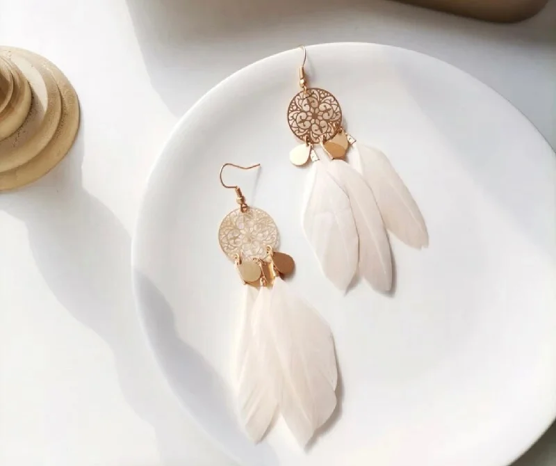 Rose gold earrings for women -Beautiful Gold and White Feather Earrings