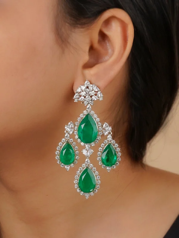 Double hoop earrings for women -Green Color Silver Plated Faux Diamond Earrings - CZEAR543GR