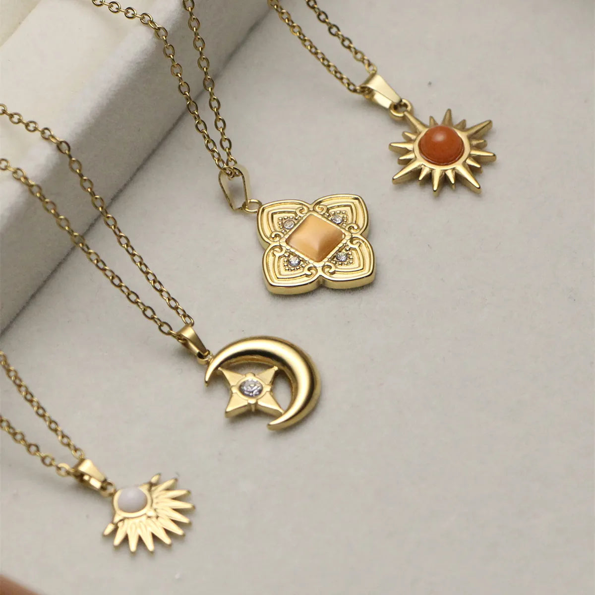 Diamond necklaces with pendants for women -Stainless Steel 18K Gold Plated Retro Four Leaf Clover Sun Moon Inlay Natural Stone Zircon Pendant Necklace