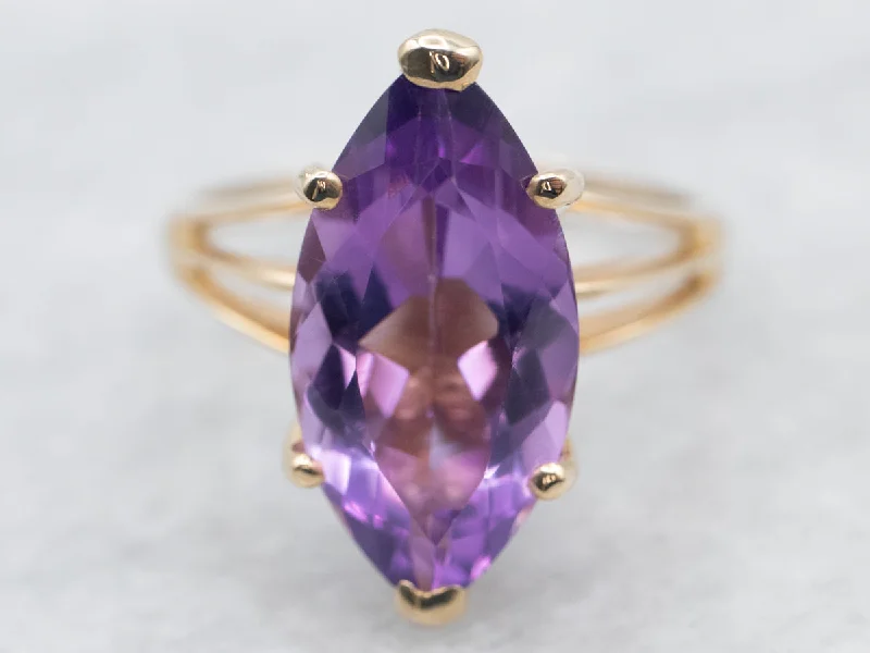 Gemstone rings for women -Yellow Gold Marquise Cut Amethyst Cocktail Ring