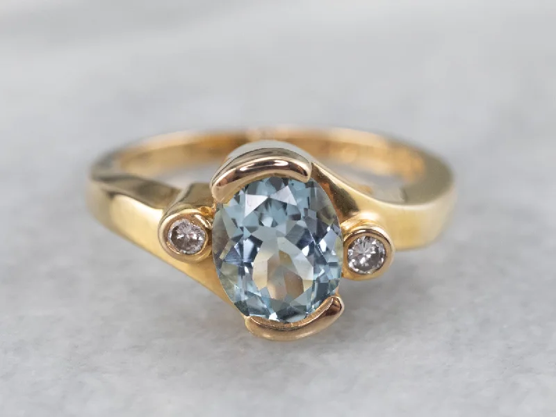 Chunky gemstone rings for women -Aquamarine and Diamond Bypass Ring