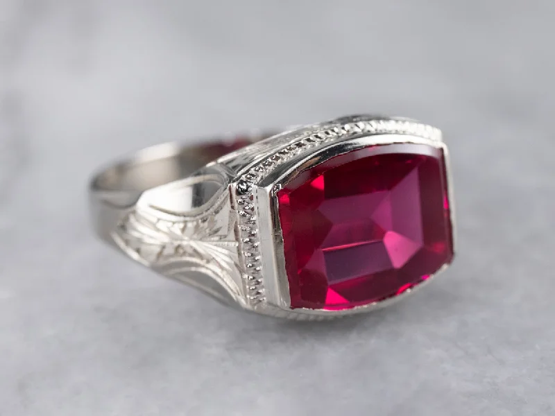 Silver rings for women -East to West Art Deco Synthetic Ruby White Gold Ring