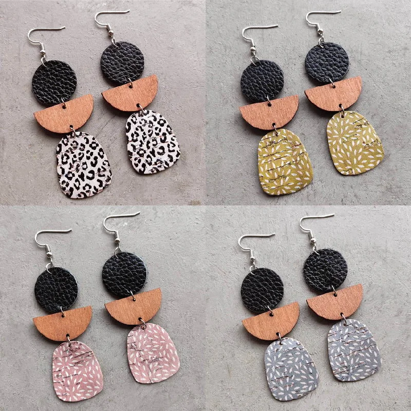 Adjustable earrings for women -Beautiful Geometric Leather, Cork and Wood Earrings