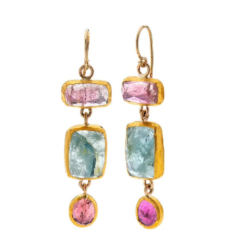 Creative earrings for women -Nava Zahavi Yellow Gold Tourmaline Aqua Triple Power Earrings