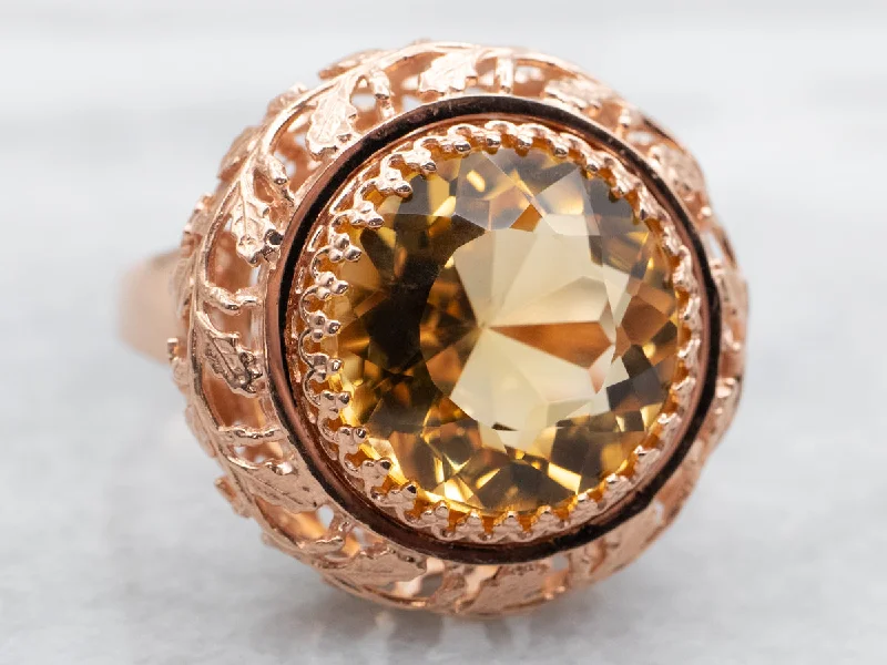 Large cocktail rings for women -Rose Gold Round Cut Citrine Solitaire Ring