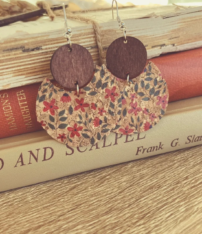 Boho earrings for women -Beautiful Red and Blue Floral Cork and Wood Earrings