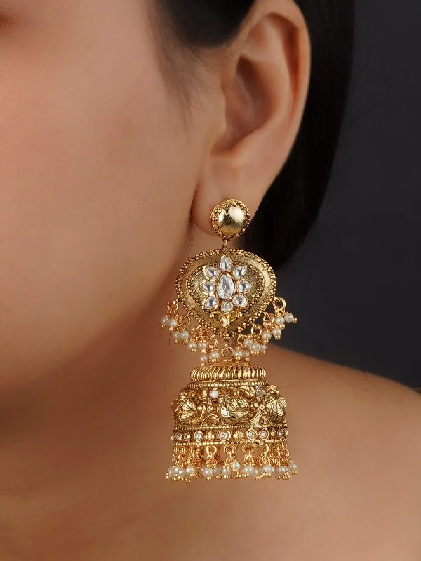 Ethnic earrings for women -White Color Gold Plated Temple Earrings - TMPEAR85