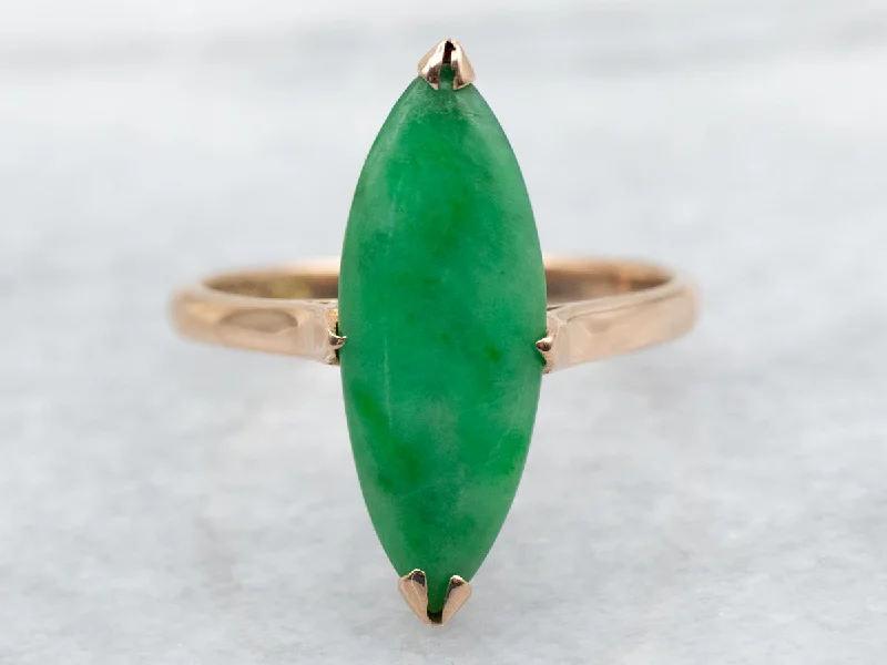 Unique rings for women -Vintage Gold Elongated Marquise-Cut Jadeite Ring