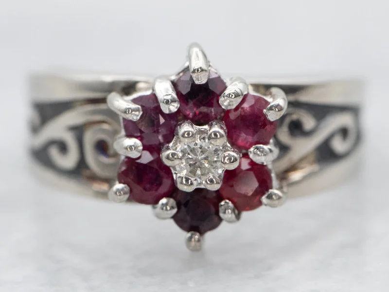 Luxury rings for women -White Gold Ruby and Diamond Flower Ring with Diamond Accent and Swirling Shoulders