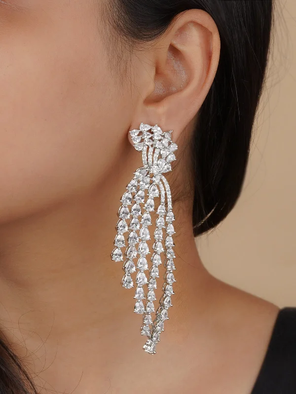 Chain earrings for women -White Color Silver Plated Faux Diamond Earrings - CZEAR537