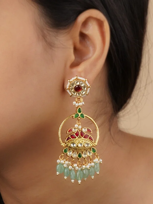 Long drop earrings for women -Multicolor Gold Plated Jadau Kundan Earrings - ME1223M