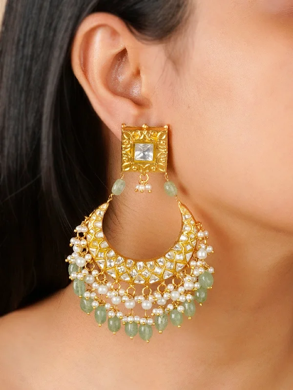 Adjustable earrings for women -Green Color Gold Plated Thappa Jadau Kundan Earrings - TJ-E100A