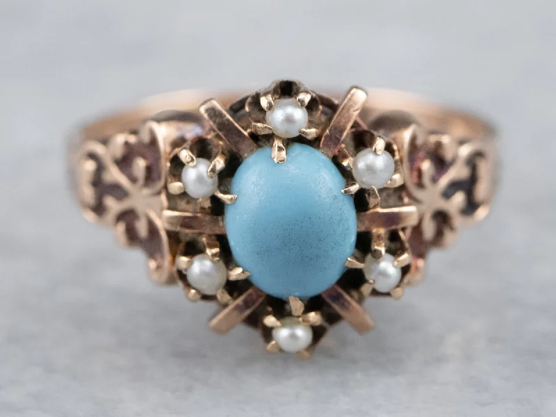 Wedding rings with colored stones for women -Victorian Era Glass Turquoise and Seed Pearl Halo Ring