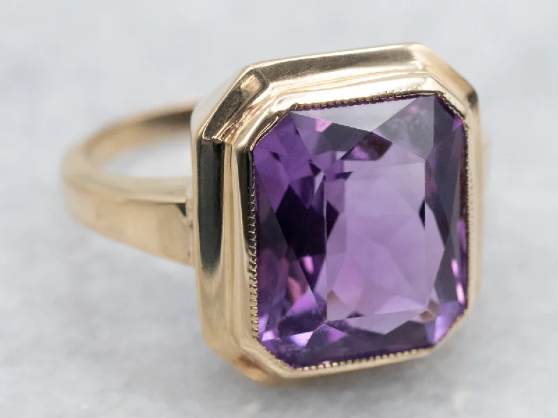 Designer gemstone rings for women -Yellow Gold Bezel Set Emerald Cut Amethyst Solitaire Ring