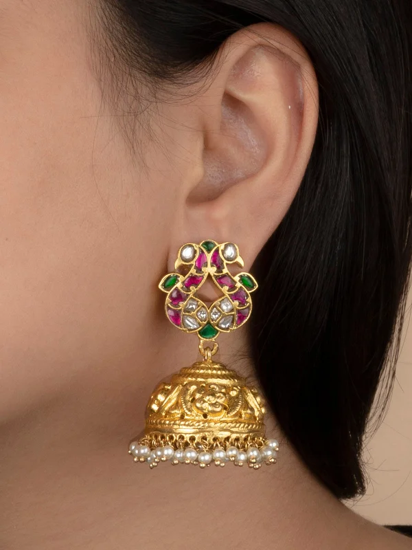 Creative earrings for women -Multicolor Gold Plated Temple Earrings - TMPEAR73MA