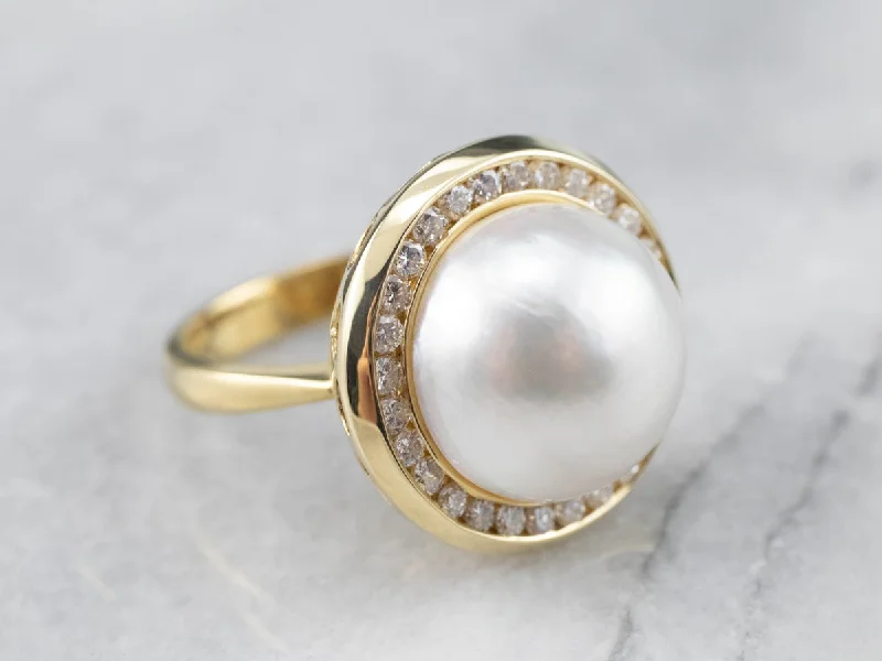 Birthstone rings with diamonds for women -Mabe Pearl and Diamond Halo Cocktail Ring