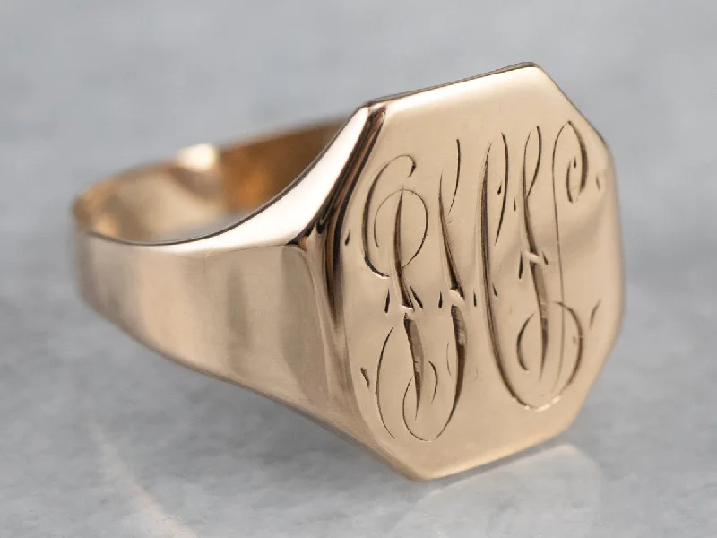 Wedding rings for women -Antique Monogram Octagonal Gold Signet Ring