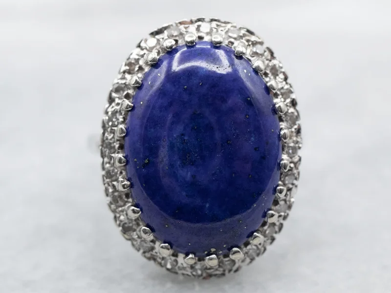 Solitaire rings for women -White Gold Lapis Ring with Diamond Halo