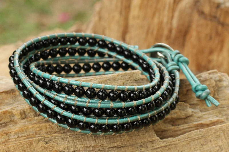 Wrap bracelets for women -Inner Balance Onyx and Leather Wrap Bracelet Thai Artisan Jewelry