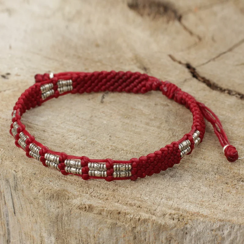 Handmade bracelets for women -Affinity in Red Thai Braided Red Cord Bracelet with 950 Silver Beads