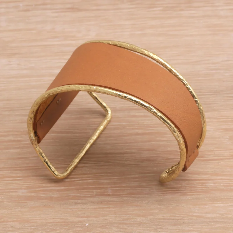 Wrap-around bracelets for women -Golden Tan Swirl Golden Tan Leather and Brass Cuff Bracelet from Bali