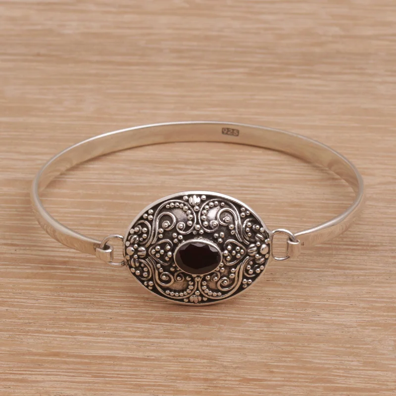 Tennis bracelets for women -Tender Love One Carat Oval Garnet and Silver Bangle Bracelet