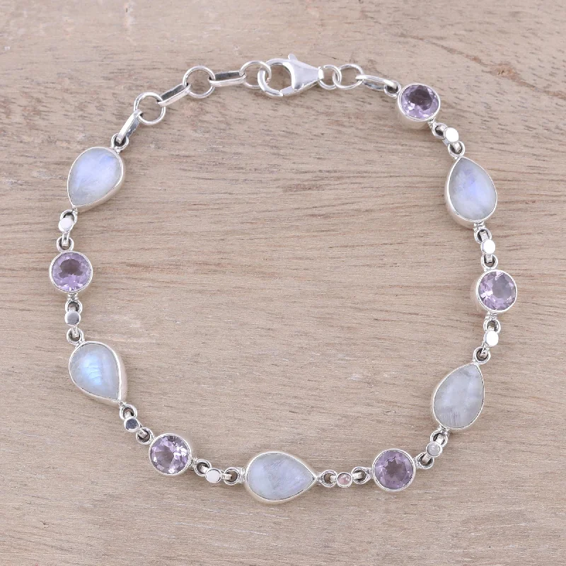 Sapphire bracelets for women -Misty Lilac Handmade Amethyst Rainbow Moonstone Link Bracelet from India