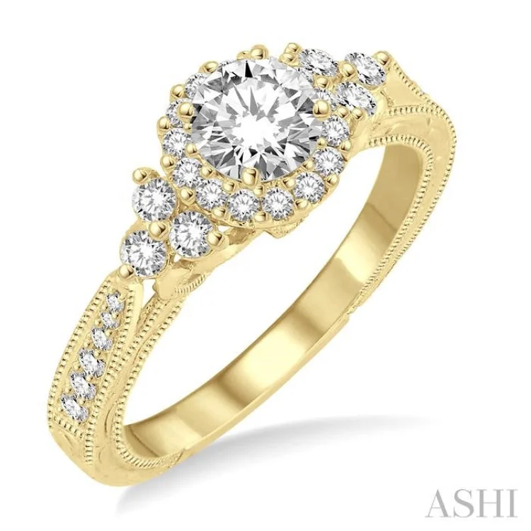 Heart-shaped engagement rings for women -3/4 ctw Diamond Engagement Ring with 1/4 ct Round Cut Center Stone in 14K Yellow Gold